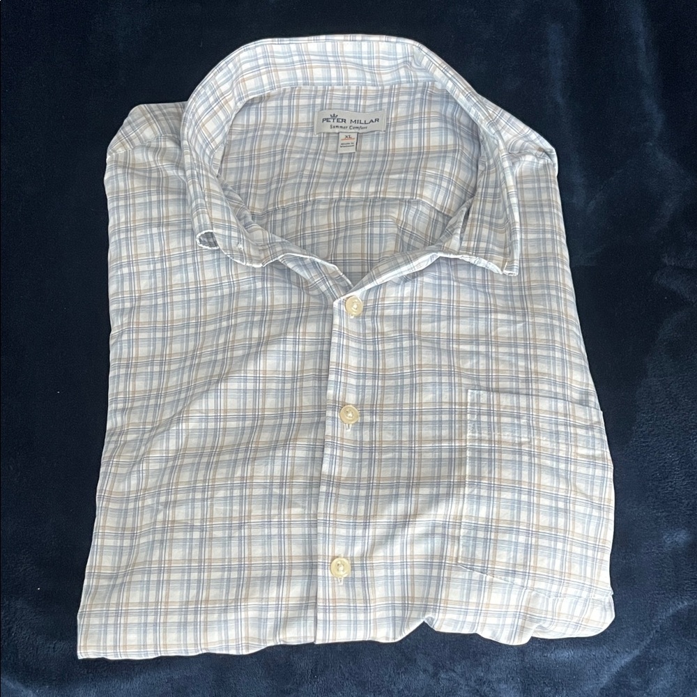 Peter Millar Men's Light Blue and Cream Plaid Shirt